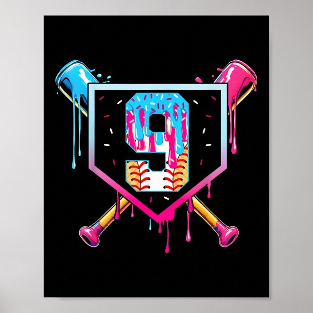 Póster Baseball 9 Year Old Ice Cream Drip 9th Birthday Bo (Frente)