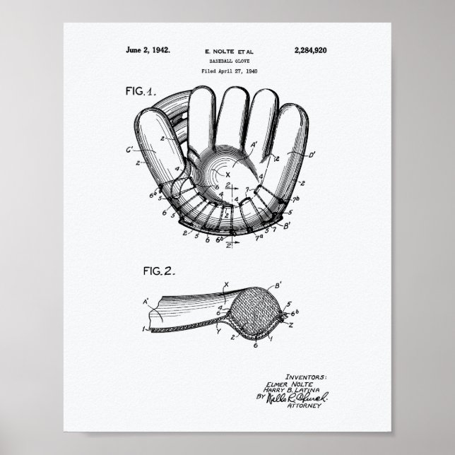 Póster Baseball Glove 1942 Patent Art White Paper (Frente)