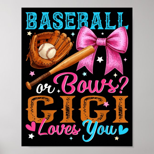 Póster Baseball Or Bows Gigi Loves You Gender Reveal Baby (Frente)