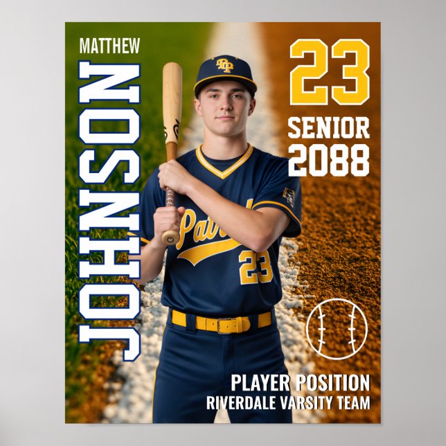 Póster Baseball Player Senior Class Custom Photo Sports (Frente)