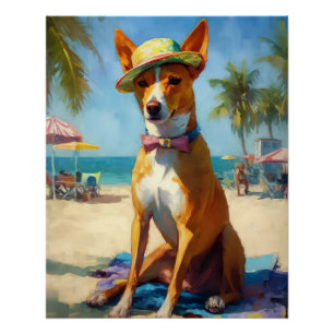 Póster Basenji en la playa, regalo de verano para los ama