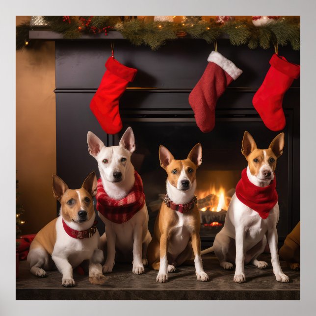 Póster Basenji junto a la chimenea Navidad (Frente)
