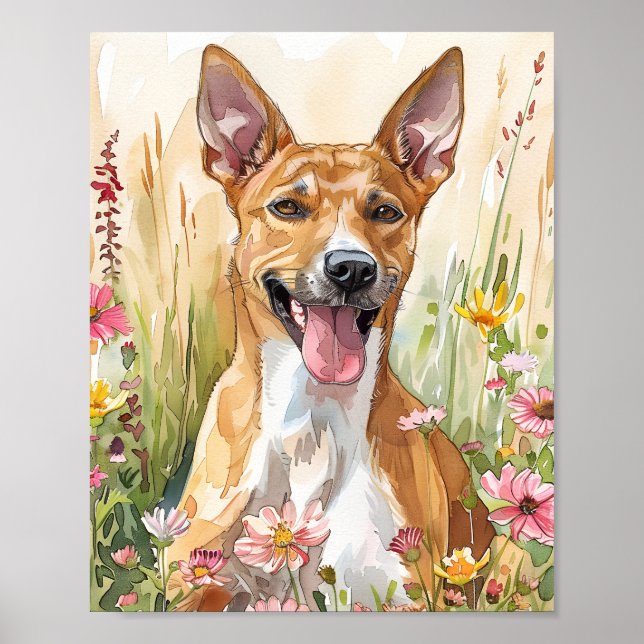 Póster Basenji Watercolor Dog Art - Happy Floral Retrato (Frente)