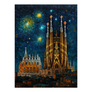 Póster Basílica de Barcelona Sagrada Familia Starry Night