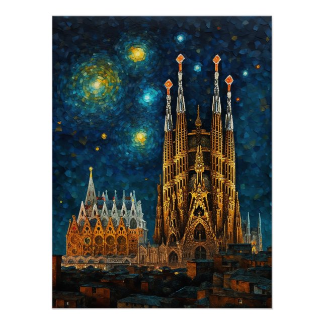 Póster Basílica de Barcelona Sagrada Familia Starry Night (Anverso)