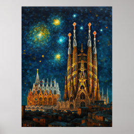 Póster Basílica de Barcelona Sagrada Familia Starry Night