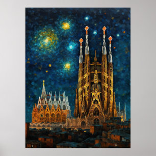 Póster Basílica de Barcelona Sagrada Familia Starry Night