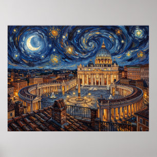 Póster Basílica de San Pedro Vaticano Bajo Noche Estrella