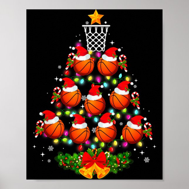 Póster Basketball Christmas Tree Lights Red Santa Hat Xma (Frente)
