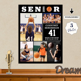 Póster Basketball Senior Graduation 5 Photo Collage