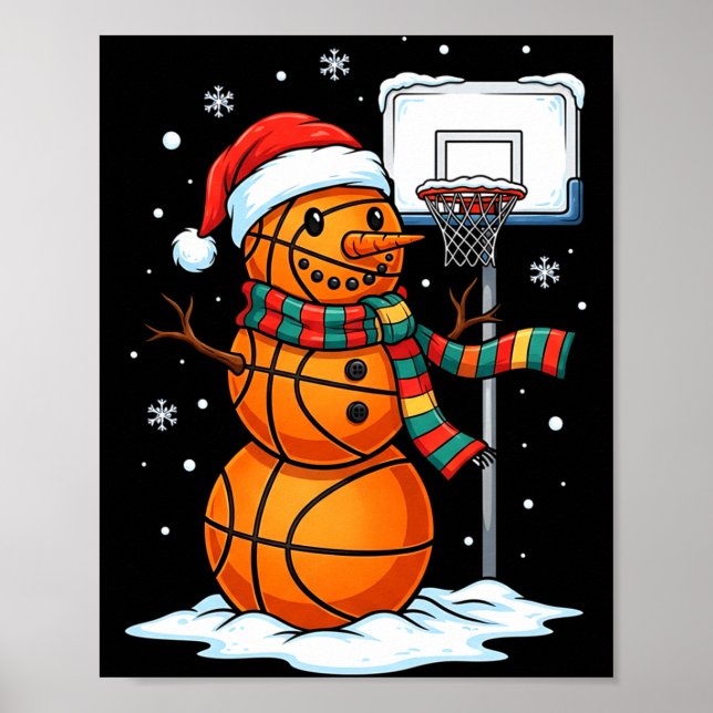 Póster Basketball Snowman Christmas Santa Hat Funny Xmas  (Frente)