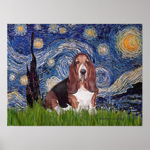 Póster Basset 1 - Noche estrellada