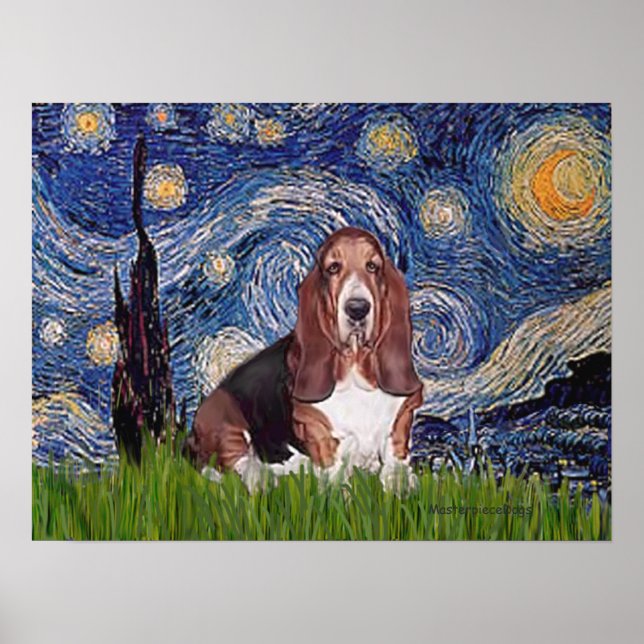 Póster Basset 1 - Noche estrellada (Frente)