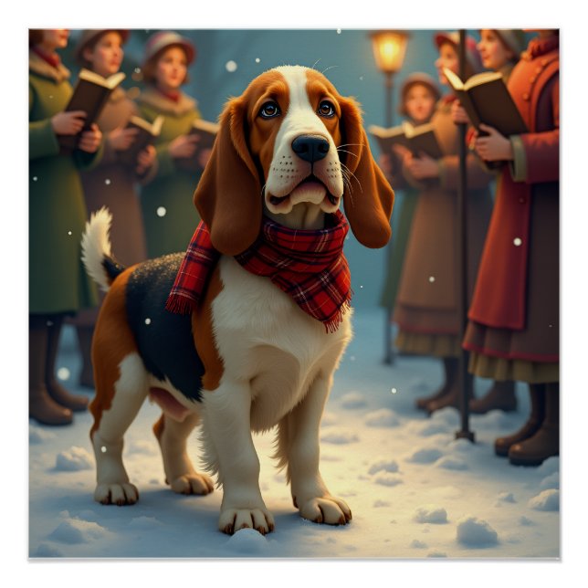 Póster Basset Hound Christmas Carol Singers Painting (Anverso)