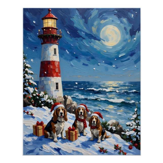 Póster Basset Hound Christmas Lighthouse Holiday (Anverso)