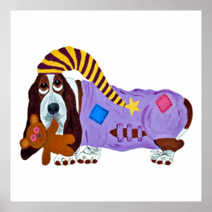 Póster Basset Hound en pijama con oso de peluche