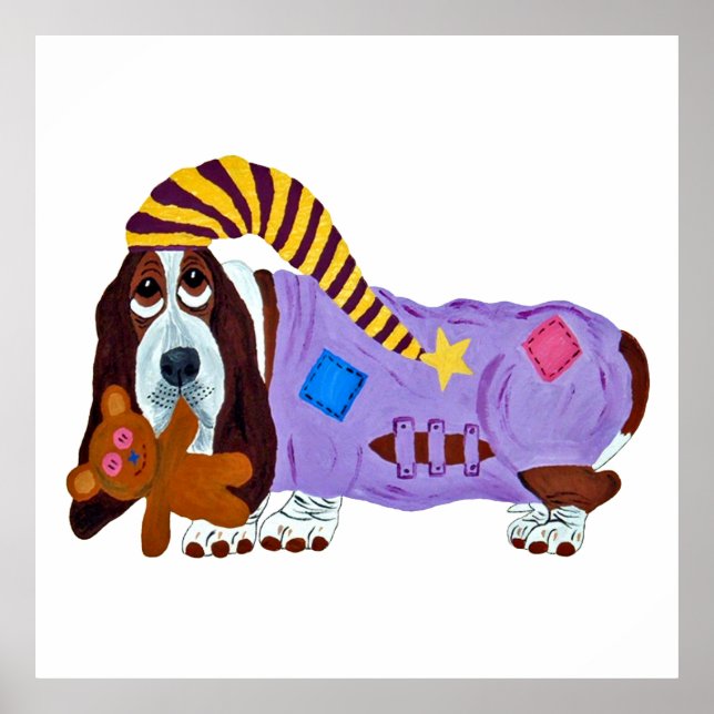 Póster Basset Hound en pijamas con osito de peluche (Frente)