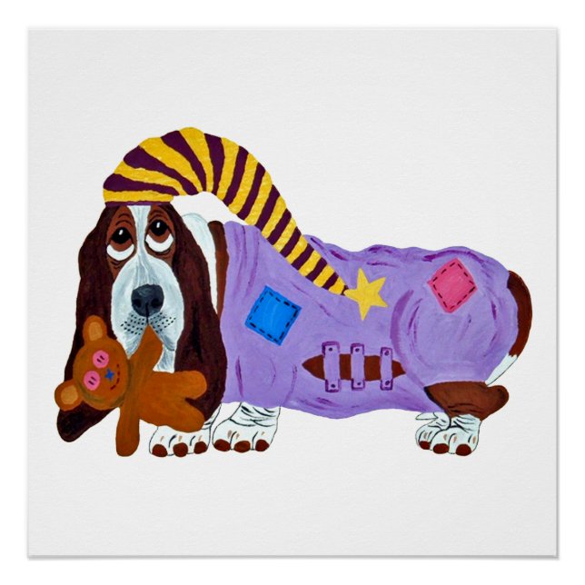 Póster Basset Hound in PJs with teddy bear (Anverso)