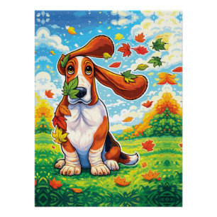 Póster Basset Hound Juguetón Hojas de Otoño Caricatura