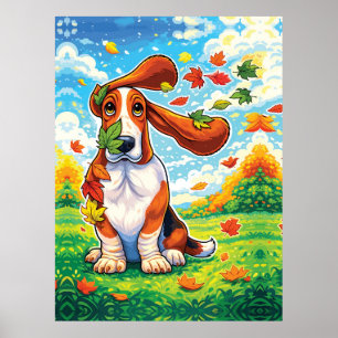 Póster Basset Hound Juguetón Hojas de Otoño Dibujo Animad