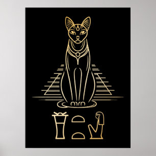 Póster Bastet con nombre en jeroglíficos y pirámide de Eg