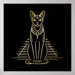 Póster Bastet, diosa egipcia del gato frente a una pirámi