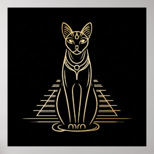 Póster Bastet, diosa egipcia del gato frente a una pirámi