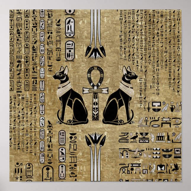 Póster Bastet - Gatos Egipcios Y Cruz Del Ankh (Frente)