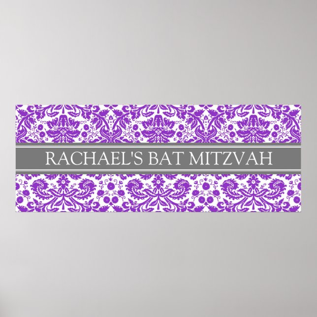 Póster Bat Mitzvah Custom Name Banner Purple Damask (Frente)