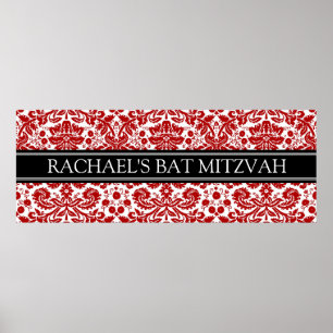 Póster Bat Mitzvah Custom Name Banner Red Damask