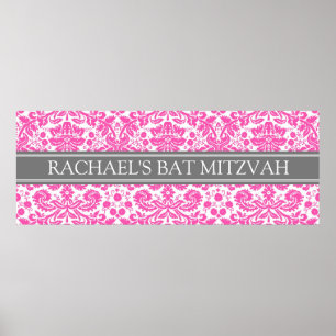 Póster Bat Mitzvah Nombre personalizado Banner Damask ros