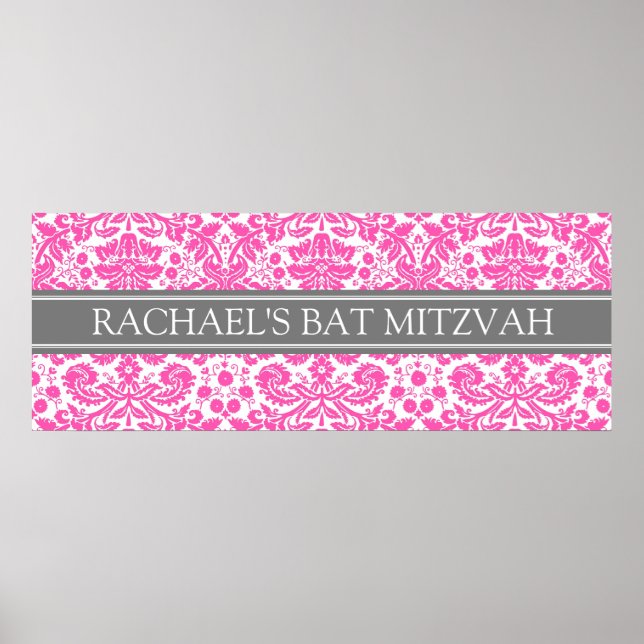 Póster Bat Mitzvah Nombre personalizado Banner Damask ros (Frente)