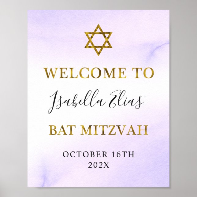 Póster Bat Mitzvah Watercolor Pastel Purple Gold Bienveni (Frente)