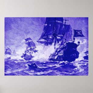 PÓSTER BATALLA DE BARCO PIRATA EN AZUL