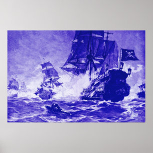 PÓSTER BATALLA DE BARCO PIRATA EN AZUL