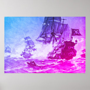 PÓSTER BATALLA DE BARCO PIRATA EN AZUL PURPLE