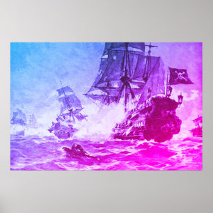 PÓSTER BATALLA DE BARCO PIRATA EN AZUL PÚRPURA
