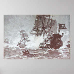 PÓSTER BATALLA DE BARCO PIRATA EN BLANCO Y NEGRO