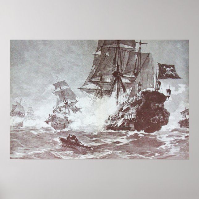 PÓSTER BATALLA DE BARCO PIRATA EN BLANCO Y NEGRO (Frente)