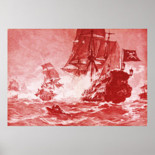 PÓSTER BATALLA DE BARCO PIRATA EN ROJO ANTIGUO