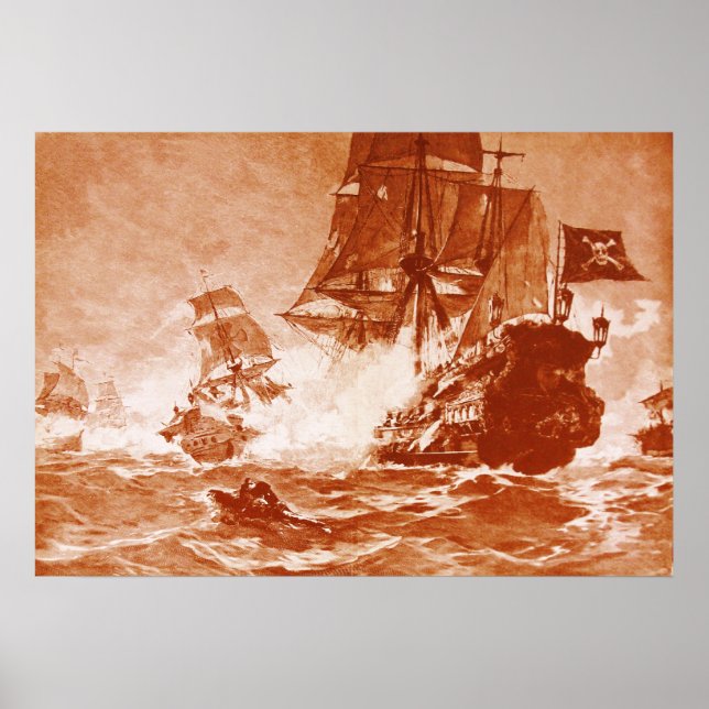 PÓSTER BATALLA DE BARCO PIRATA EN SEPIA MARRÓN (Frente)