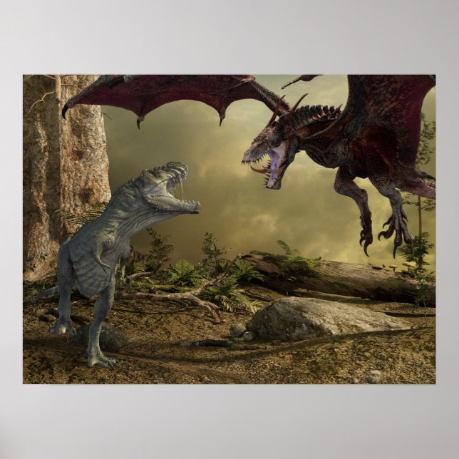 Póster Batalla de Dragón Tiranosaurio Dinosaurio (Frente)