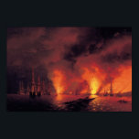 Póster Batalla de Sinop de noche<br><div class="desc">Oleografía de la era romántica de ivan Aivazovsky que ilustra la batalla de Sinop de noche. Composición de alto contraste,  con un ambiente nocturno oscuro,  naranja blanco y llamas rojas.</div>