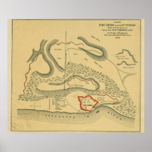 Póster Batalla del fuerte Henry - mapa panorámico de la