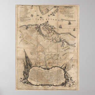 Póster Batalla del vintage del mapa de Yorktown Virginia