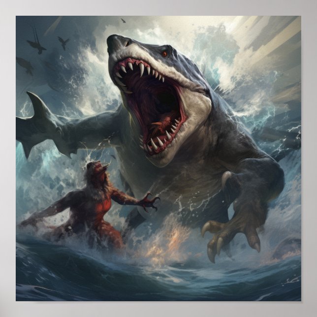 Póster Batalla épica de Megalodon vs. Poster T-Rex - Unle (Frente)