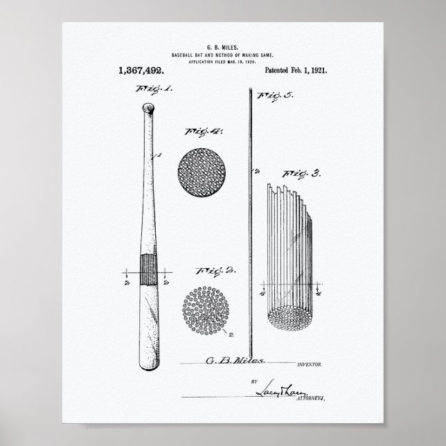 Póster Bate de béisbol 1921 Patent Art - Libro Blanco (Frente)