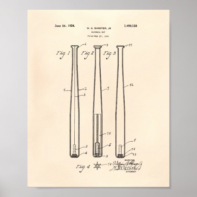 Póster Bate de béisbol 1924 Patent Art - Old Peper (Frente)