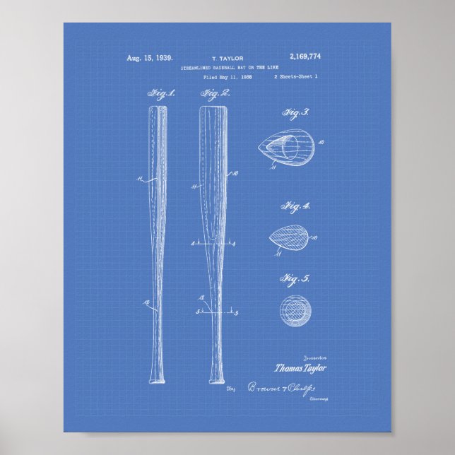Póster Bate de béisbol 1939 Patent Art - Blueprint (Frente)