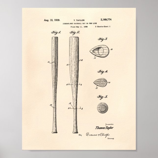 Póster Bate de béisbol 1939 Patent Art - Old Peper (Frente)